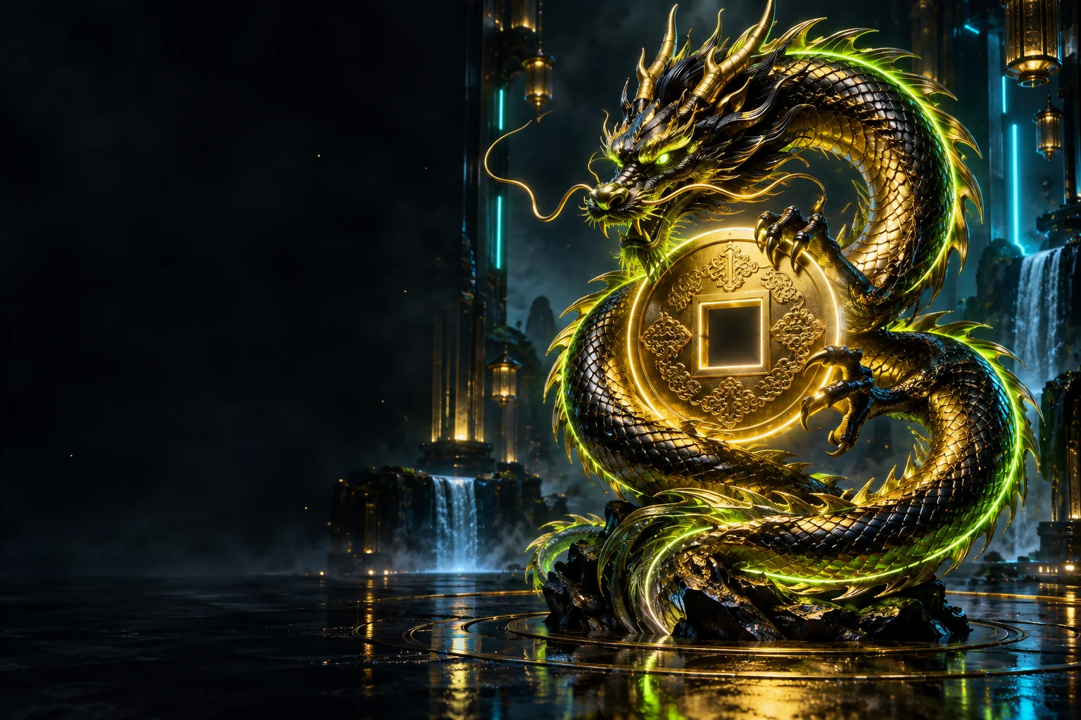 A golden cybernetic dragon encircling a luminous arcade coin